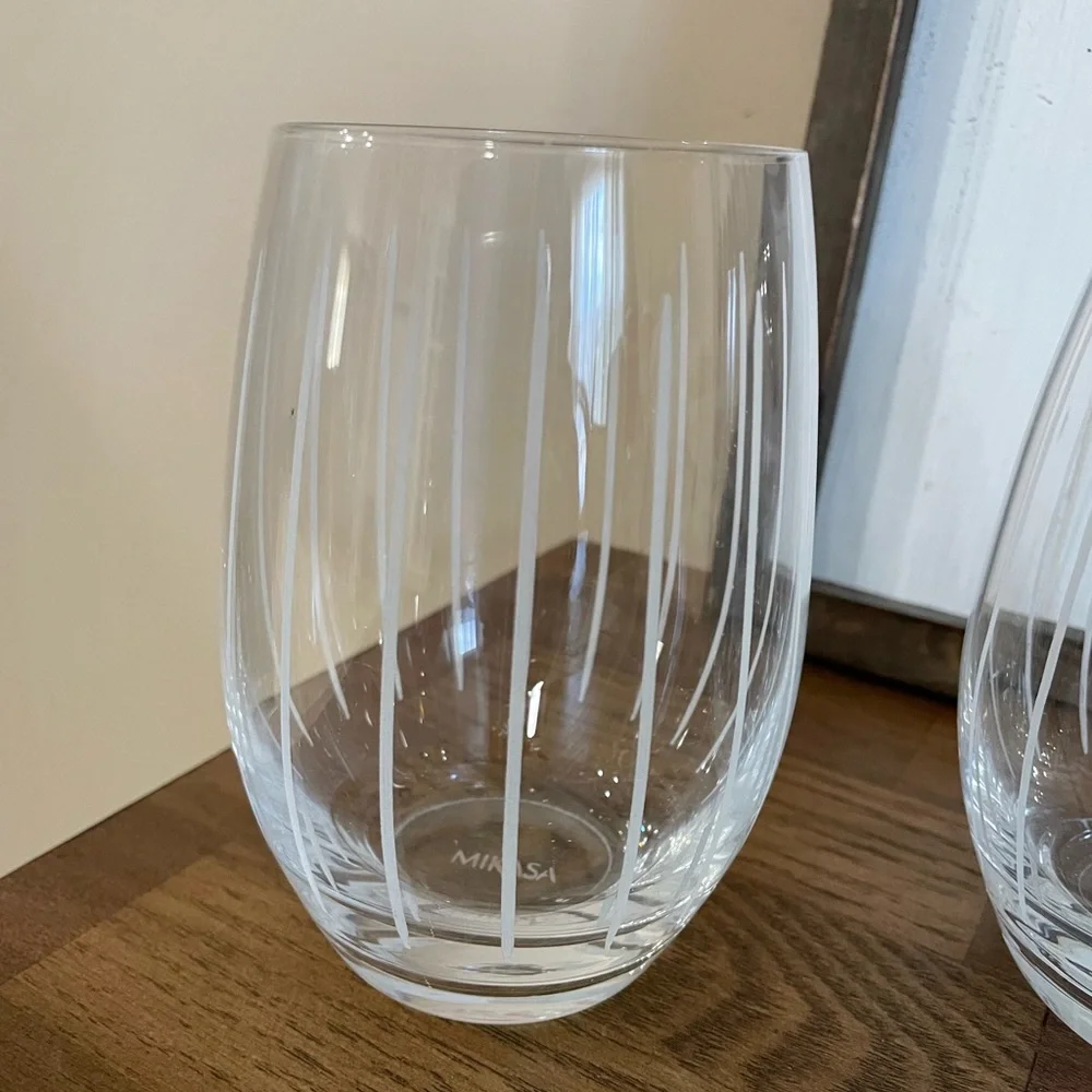 Mikasa Crystal Cheers Stemless Wine Glasses with Etched Stripes- Set of 2